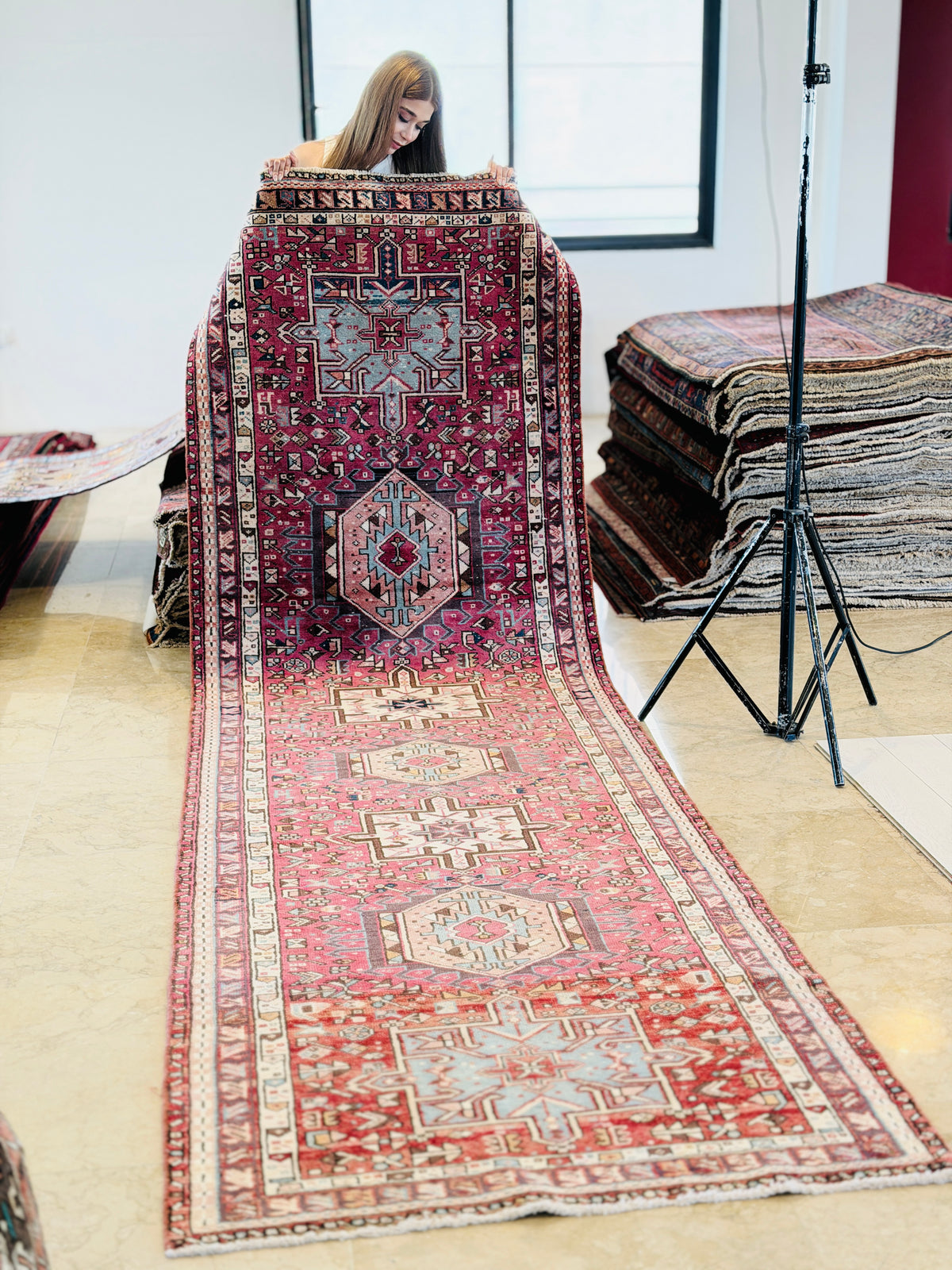 Vintage Repeating Medallion Runner Rug, Pinkish Red – 12' 8" x 3' 8" (387 x 113 cm)
