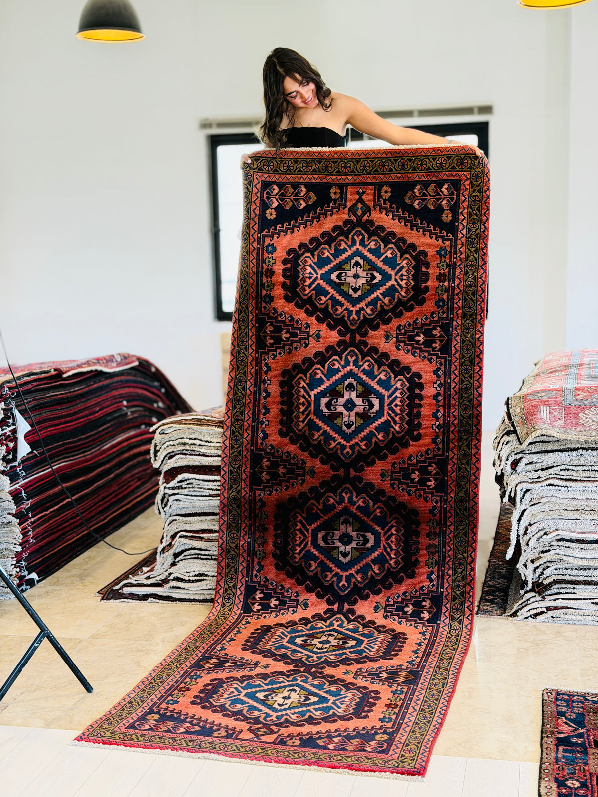 Vintage Geometric Medallion Runner Rug, Orange Red – 10' 0" x 3' 5" (304 x 104 cm)