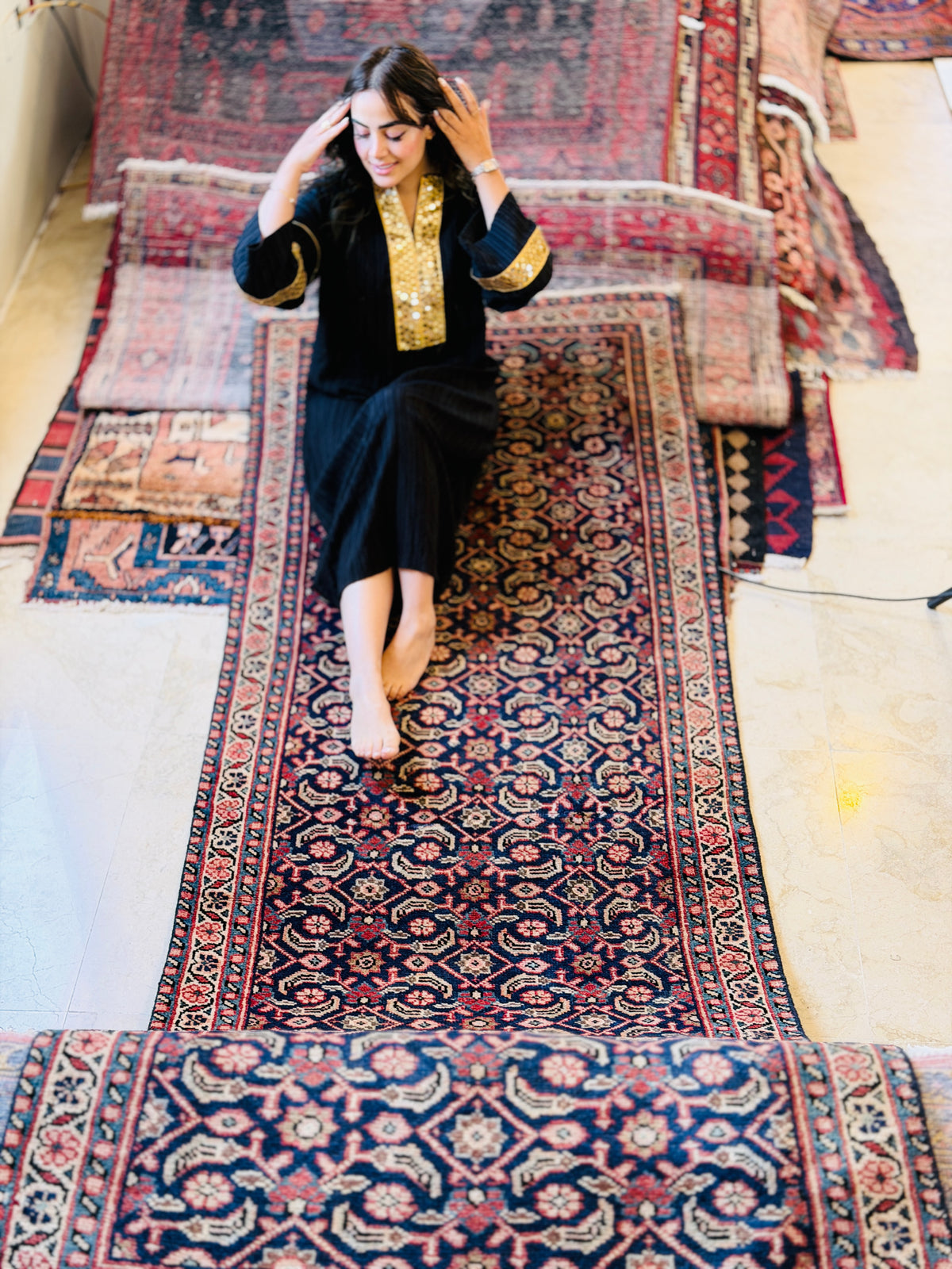 Vintage Herati Fish Design Runner Rug, Navy Blue – 9' 9" x 3' 1" (298 x 94 cm)