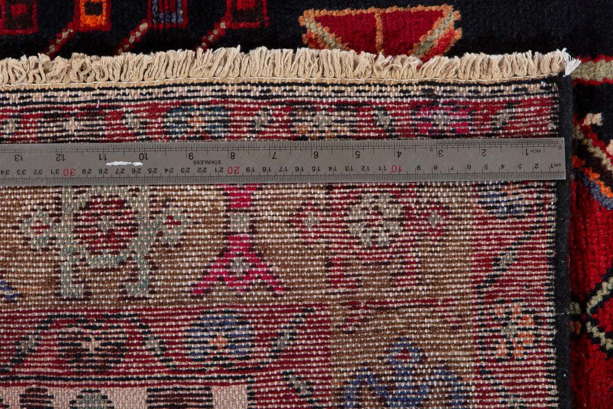 Vintage Deep Navy Blue & Red Geometric Medallion Wool Rug – 8' 11" x 4' 9" (272 x 145 cm)