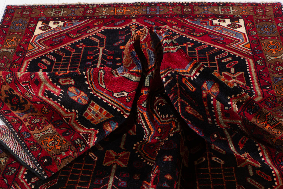 Vintage Deep Navy Blue & Red Geometric Medallion Wool Rug – 8' 11" x 4' 9" (272 x 145 cm)