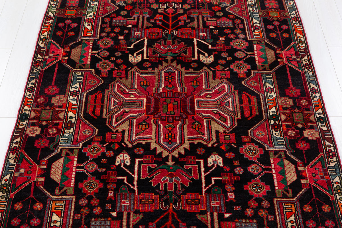 Collectible Vintage Intense Deep Navy Blue & Red Geometric Medallion Wool Rug – 10' 10" x 5' 4" (330 x 163 cm)