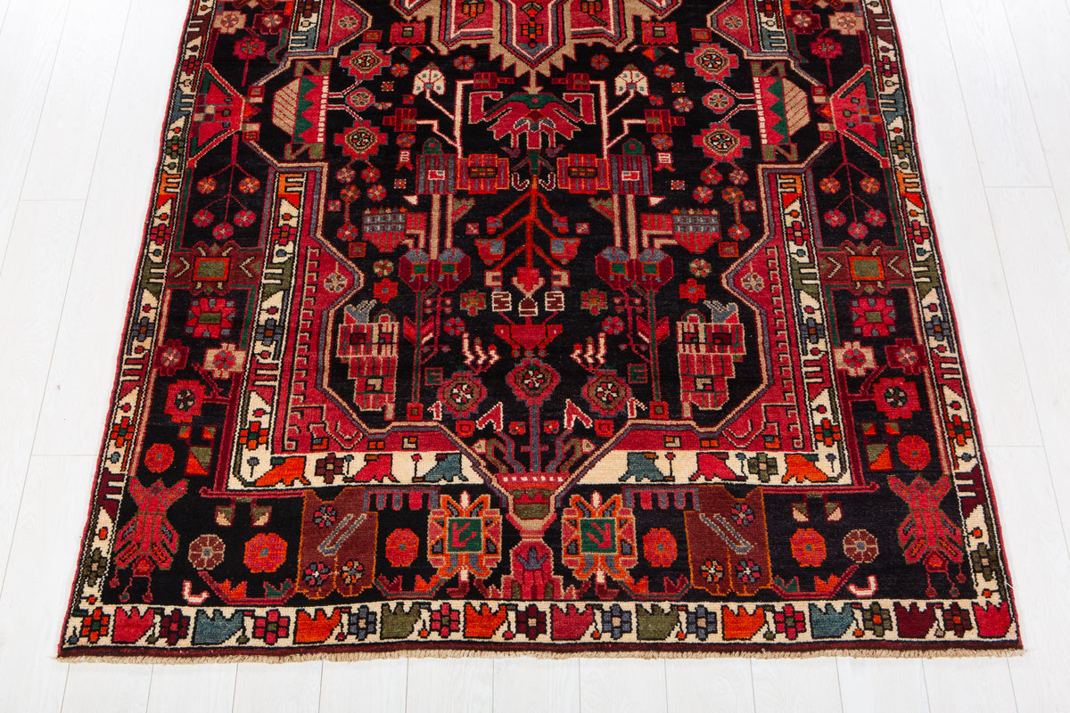 Collectible Vintage Intense Deep Navy Blue & Red Geometric Medallion Wool Rug – 10' 10" x 5' 4" (330 x 163 cm)