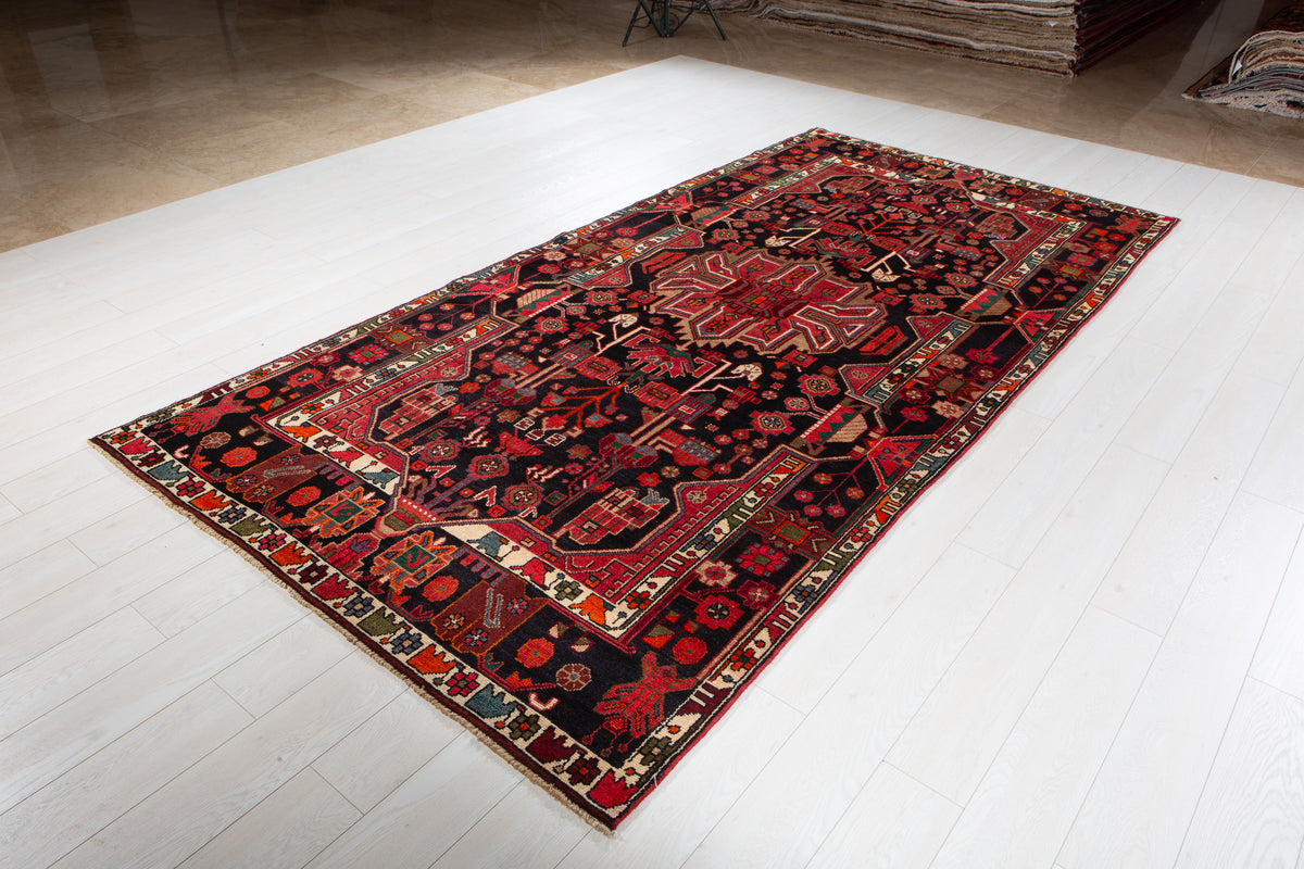Collectible Vintage Intense Deep Navy Blue & Red Geometric Medallion Wool Rug – 10' 10" x 5' 4" (330 x 163 cm)