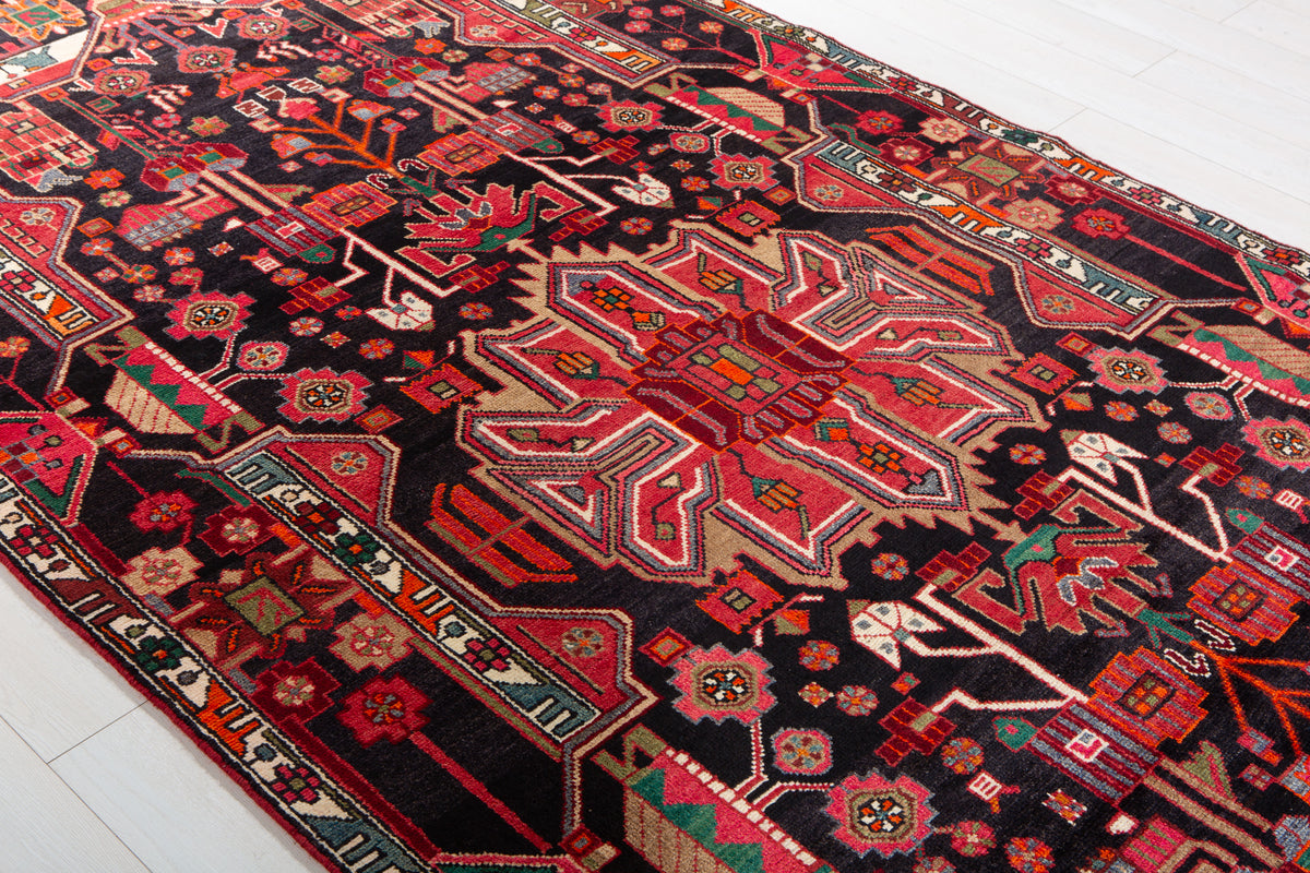 Collectible Vintage Intense Deep Navy Blue & Red Geometric Medallion Wool Rug – 10' 10" x 5' 4" (330 x 163 cm)