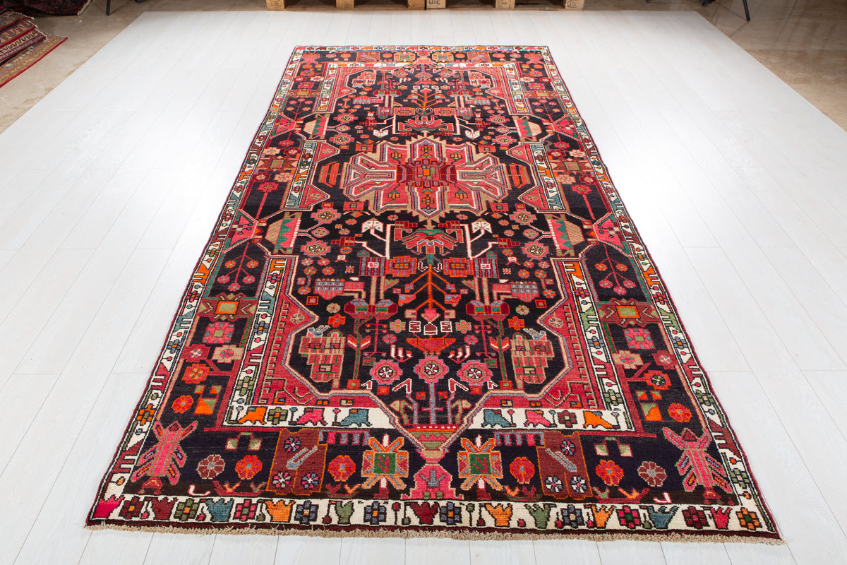 Collectible Vintage Intense Deep Navy Blue & Red Geometric Medallion Wool Rug – 10' 10" x 5' 4" (330 x 163 cm)