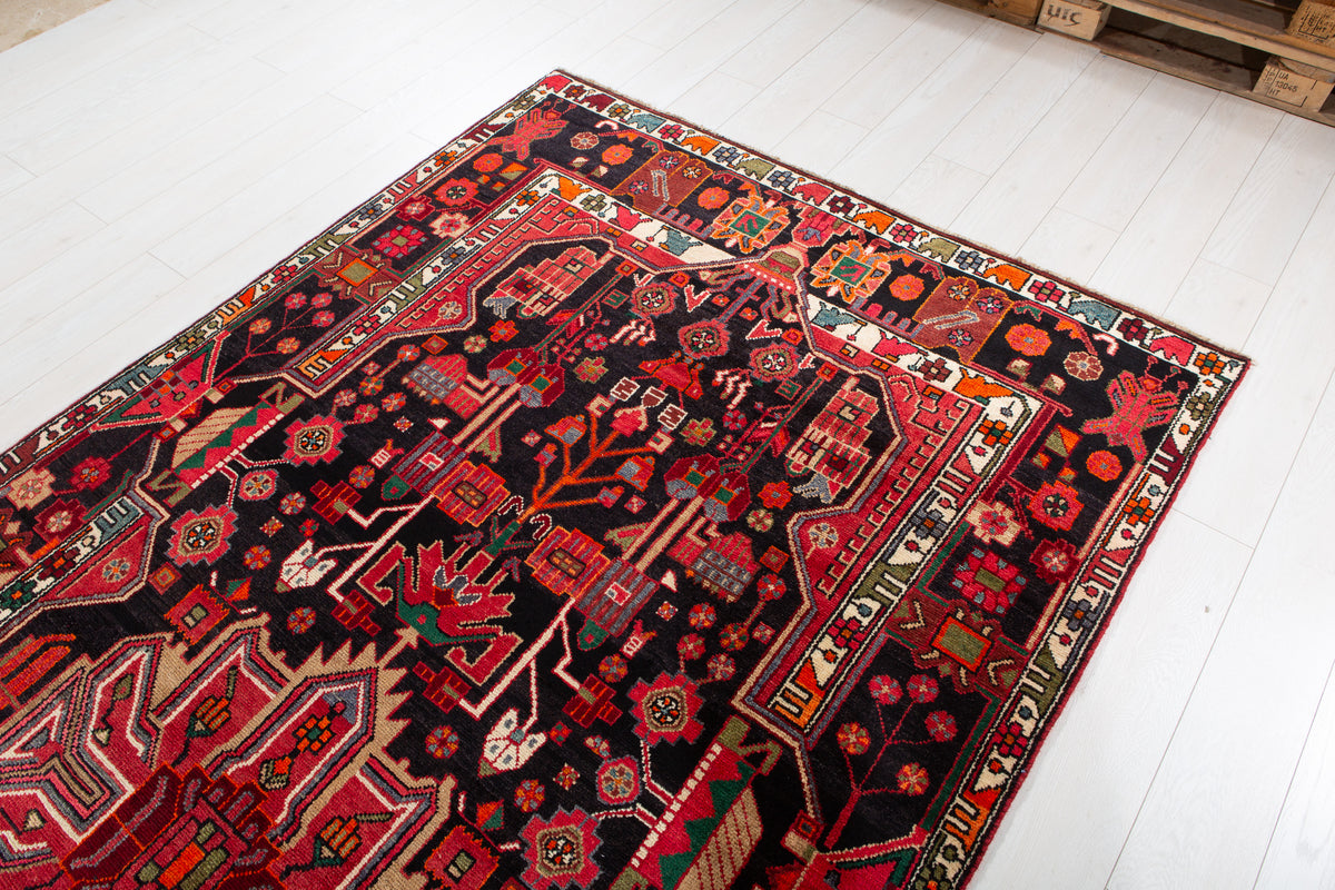 Collectible Vintage Intense Deep Navy Blue & Red Geometric Medallion Wool Rug – 10' 10" x 5' 4" (330 x 163 cm)