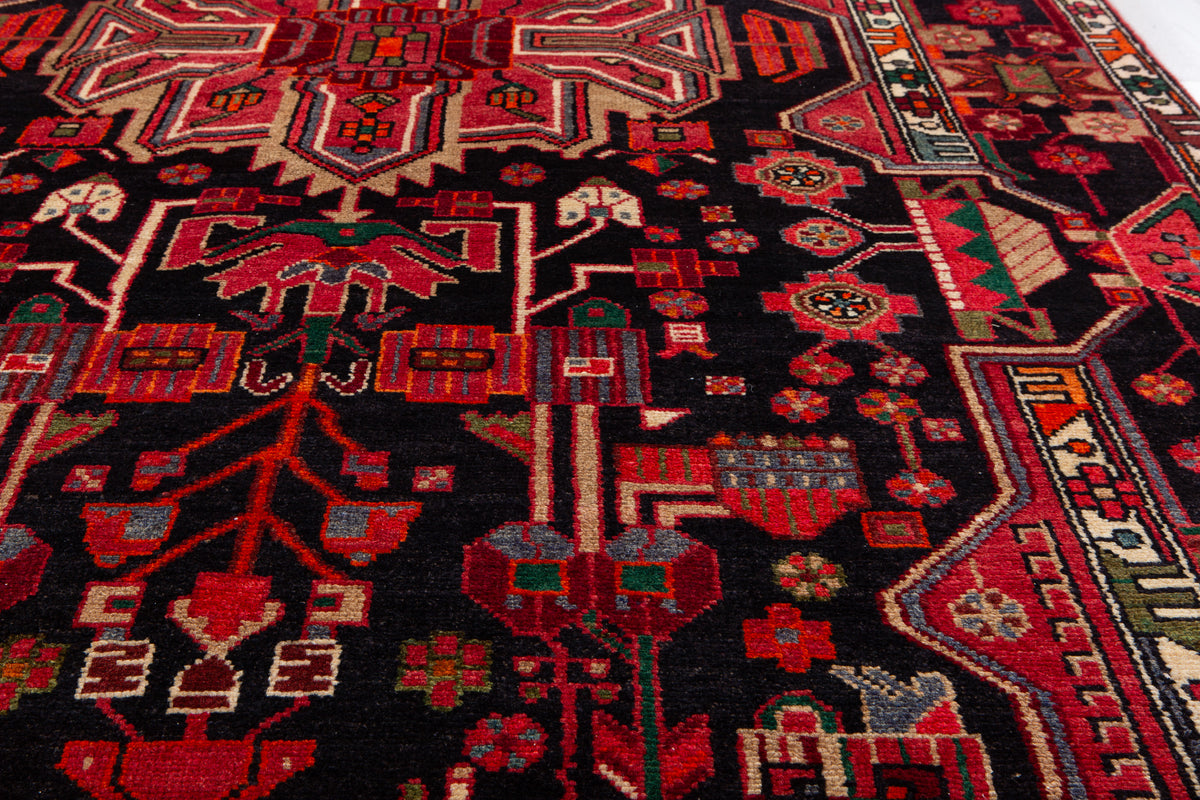 Collectible Vintage Intense Deep Navy Blue & Red Geometric Medallion Wool Rug – 10' 10" x 5' 4" (330 x 163 cm)