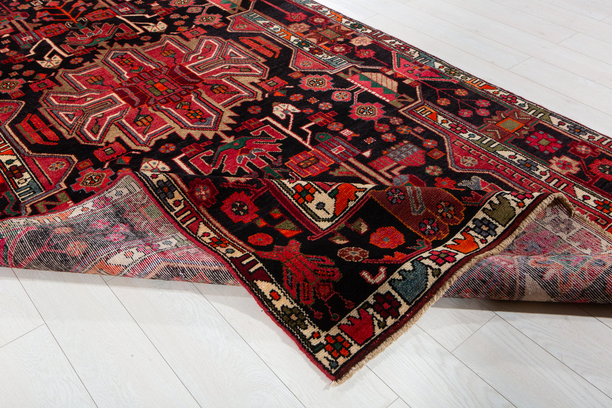 Collectible Vintage Intense Deep Navy Blue & Red Geometric Medallion Wool Rug – 10' 10" x 5' 4" (330 x 163 cm)