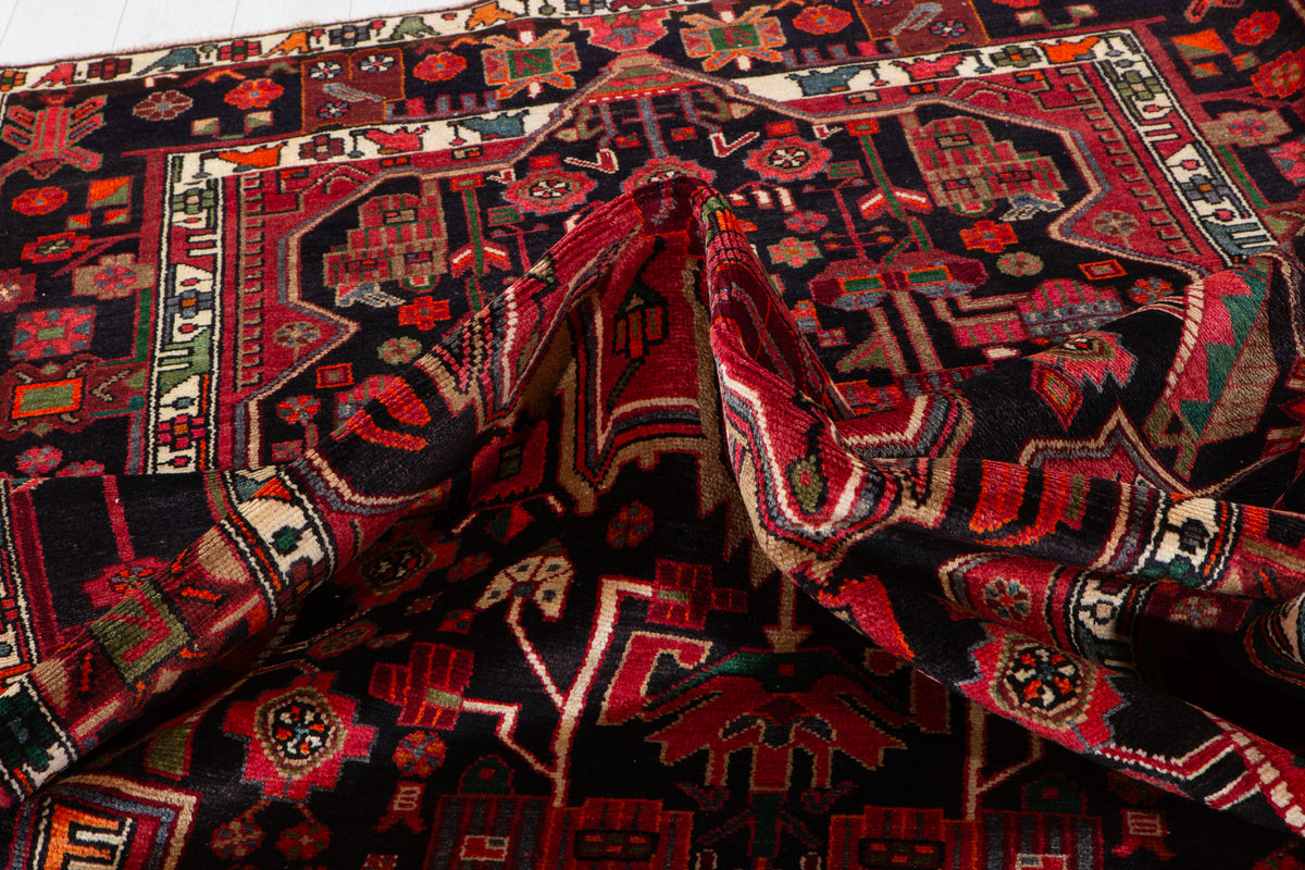 Collectible Vintage Intense Deep Navy Blue & Red Geometric Medallion Wool Rug – 10' 10" x 5' 4" (330 x 163 cm)