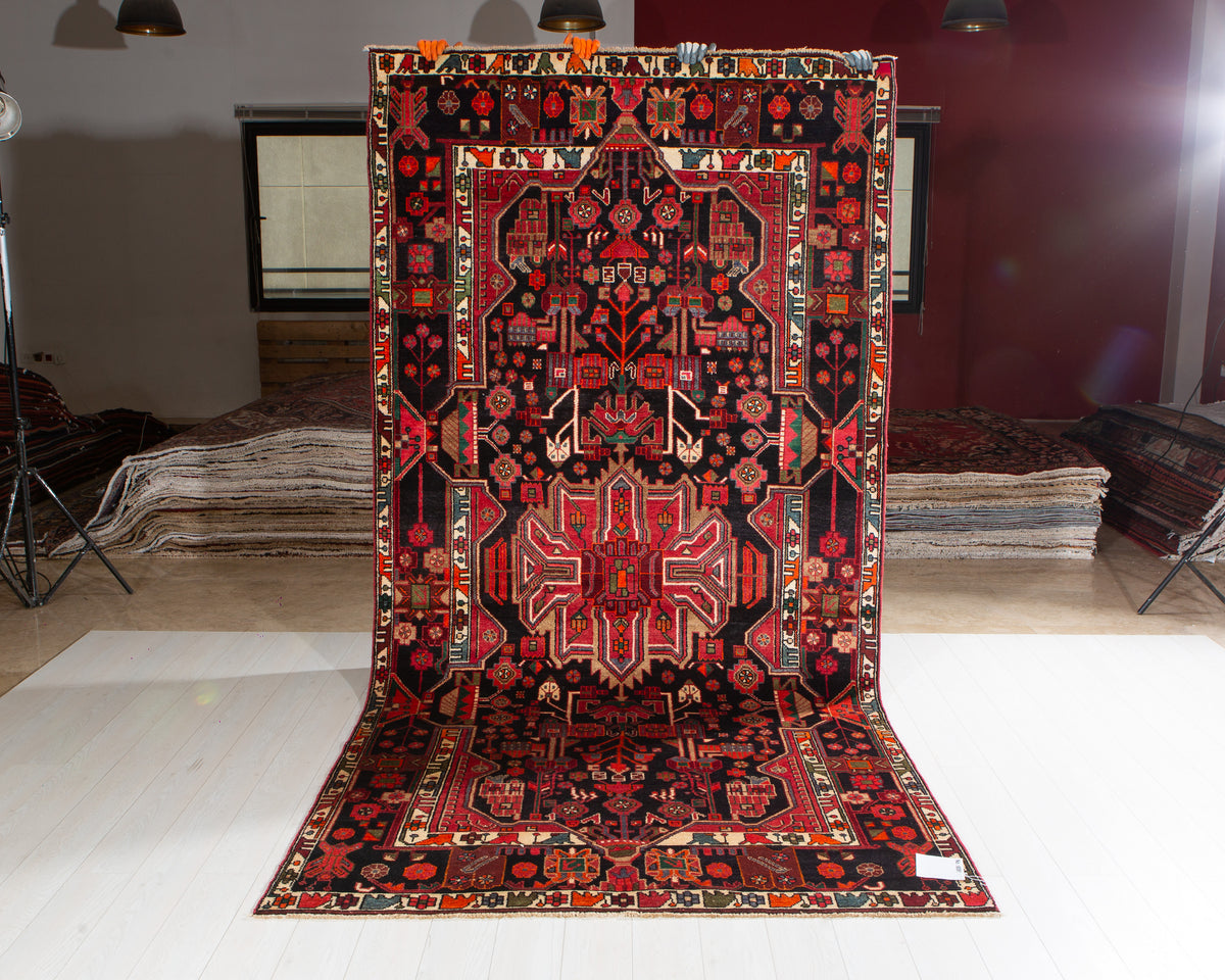 Collectible Vintage Intense Deep Navy Blue & Red Geometric Medallion Wool Rug – 10' 10" x 5' 4" (330 x 163 cm)