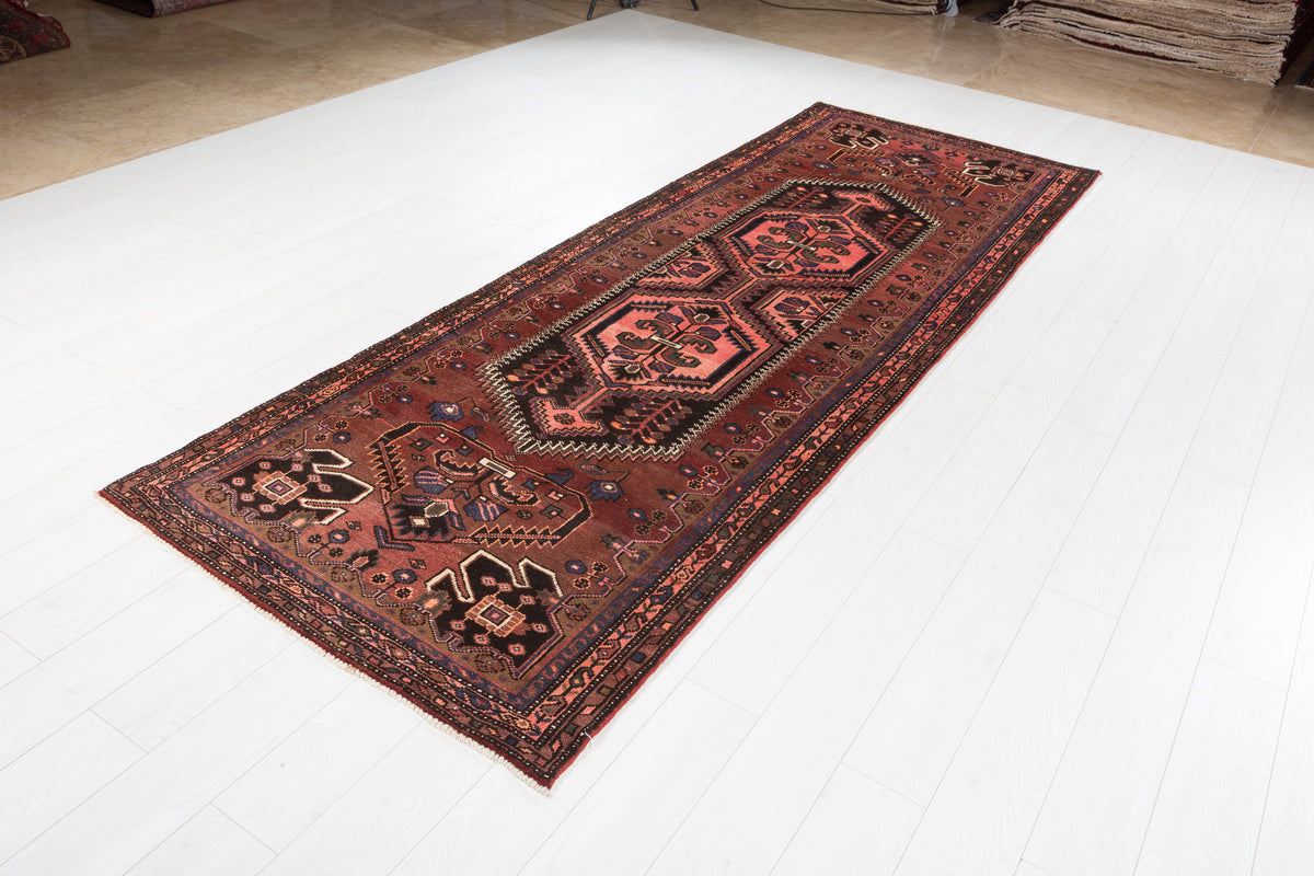 Vintage Geometric Medallion Runner Rug, Rust Red & Pink – 10' 9" x 3' 9" (327 x 114 cm)