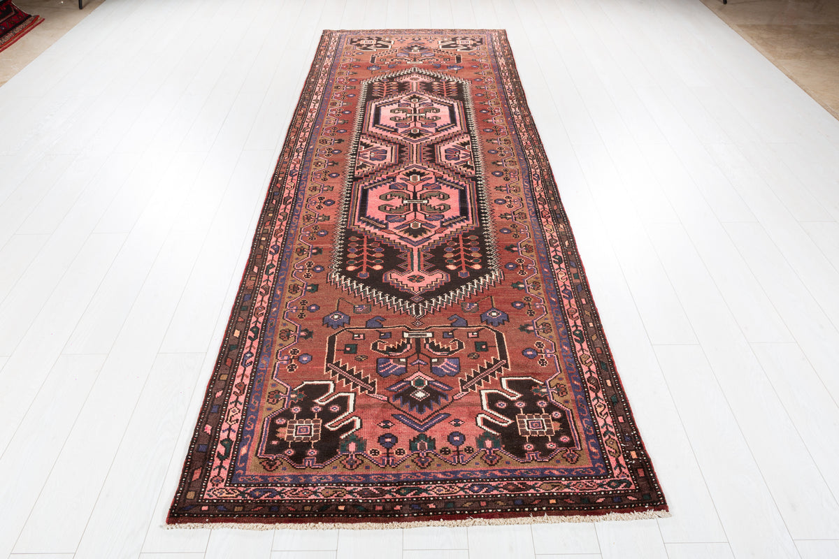 Vintage Geometric Medallion Runner Rug, Rust Red & Pink – 10' 9" x 3' 9" (327 x 114 cm)