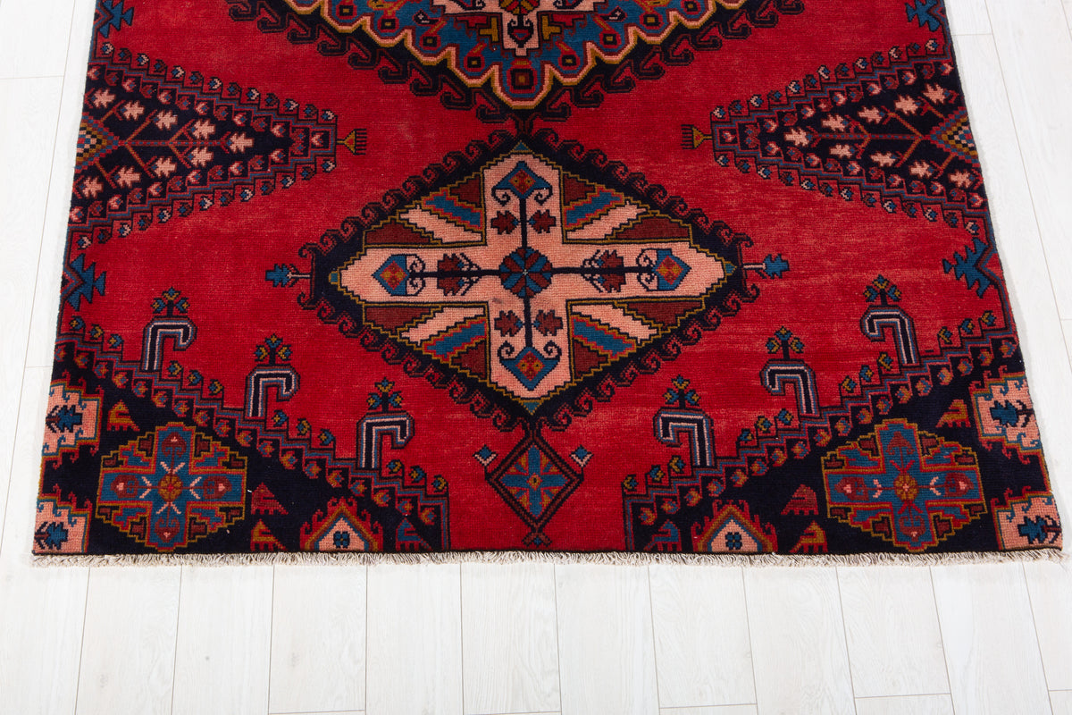 Vintage Red & Blue Geometric Medallion Wool Rug – 5' 0" x 5' 4" (152 x 162 cm)