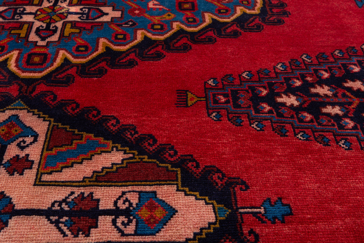Vintage Red & Blue Geometric Medallion Wool Rug – 5' 0" x 5' 4" (152 x 162 cm)