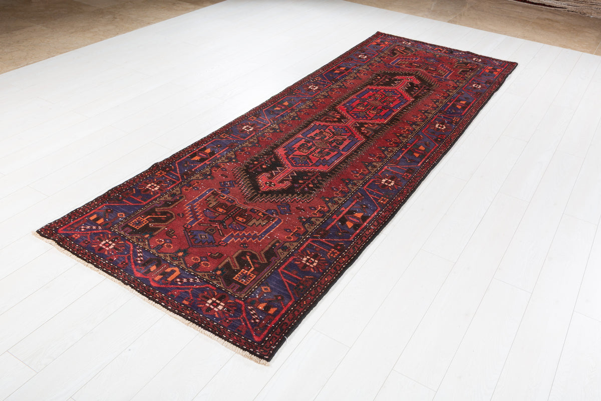 Vintage Triple Geometric Medallion Runner Rug, Rust Red & Navy Blue – 10' 6" x 3' 7" (320 x 109 cm)