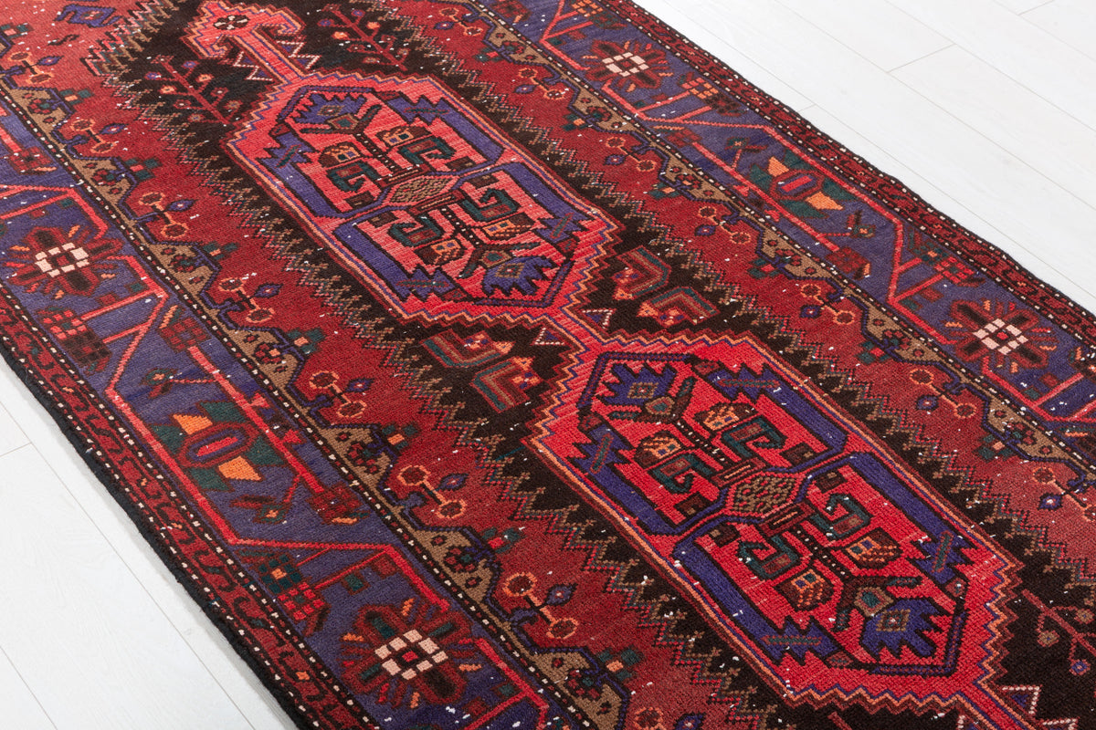 Vintage Triple Geometric Medallion Runner Rug, Rust Red & Navy Blue – 10' 6" x 3' 7" (320 x 109 cm)