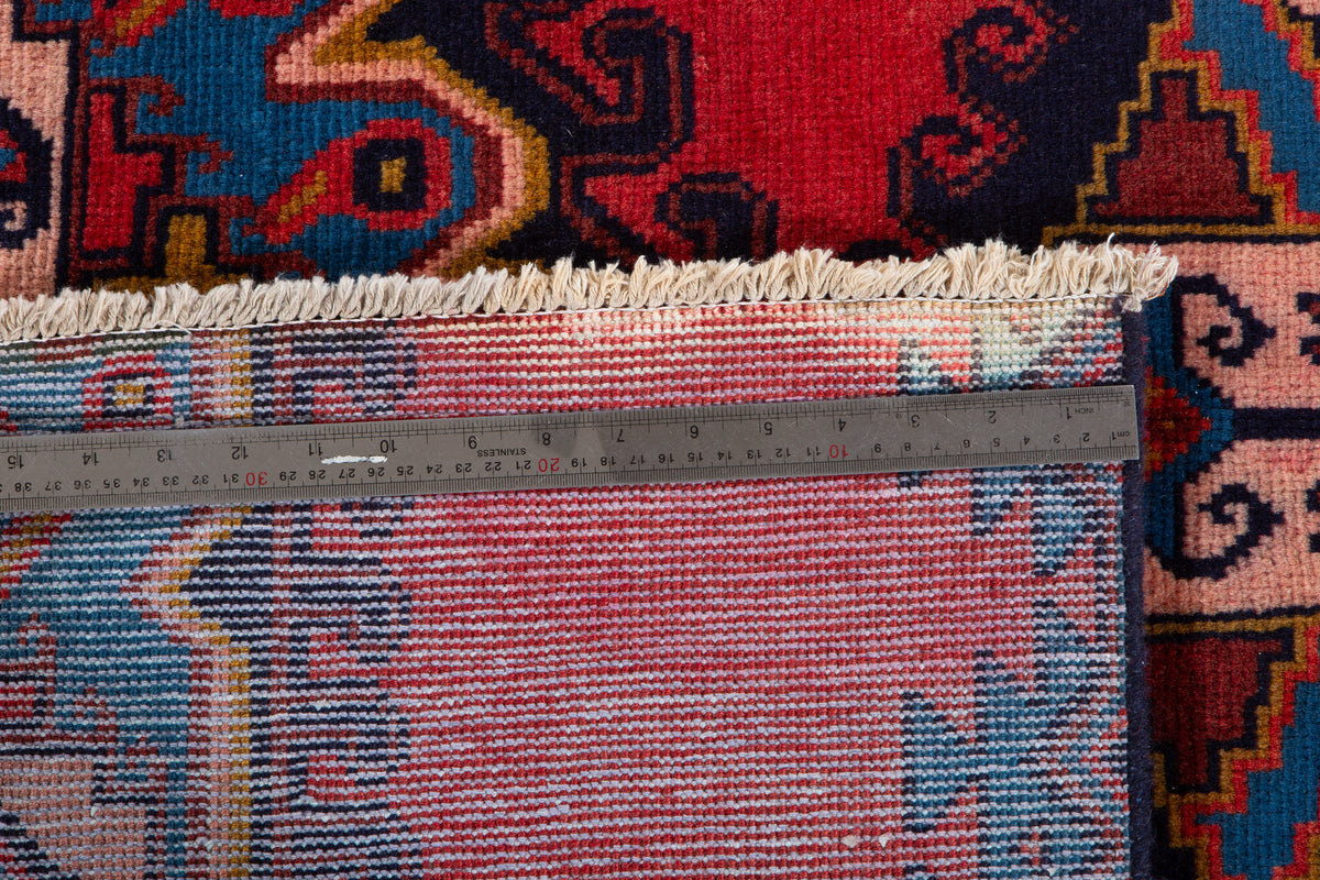 Vintage Red & Blue Geometric Medallion Wool Rug – 5' 0" x 5' 4" (152 x 162 cm)