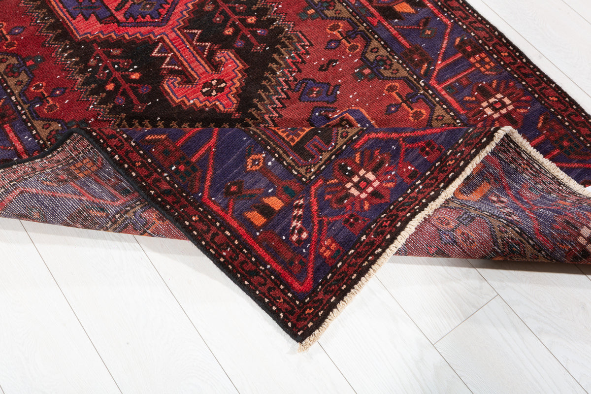 Vintage Triple Geometric Medallion Runner Rug, Rust Red & Navy Blue – 10' 6" x 3' 7" (320 x 109 cm)