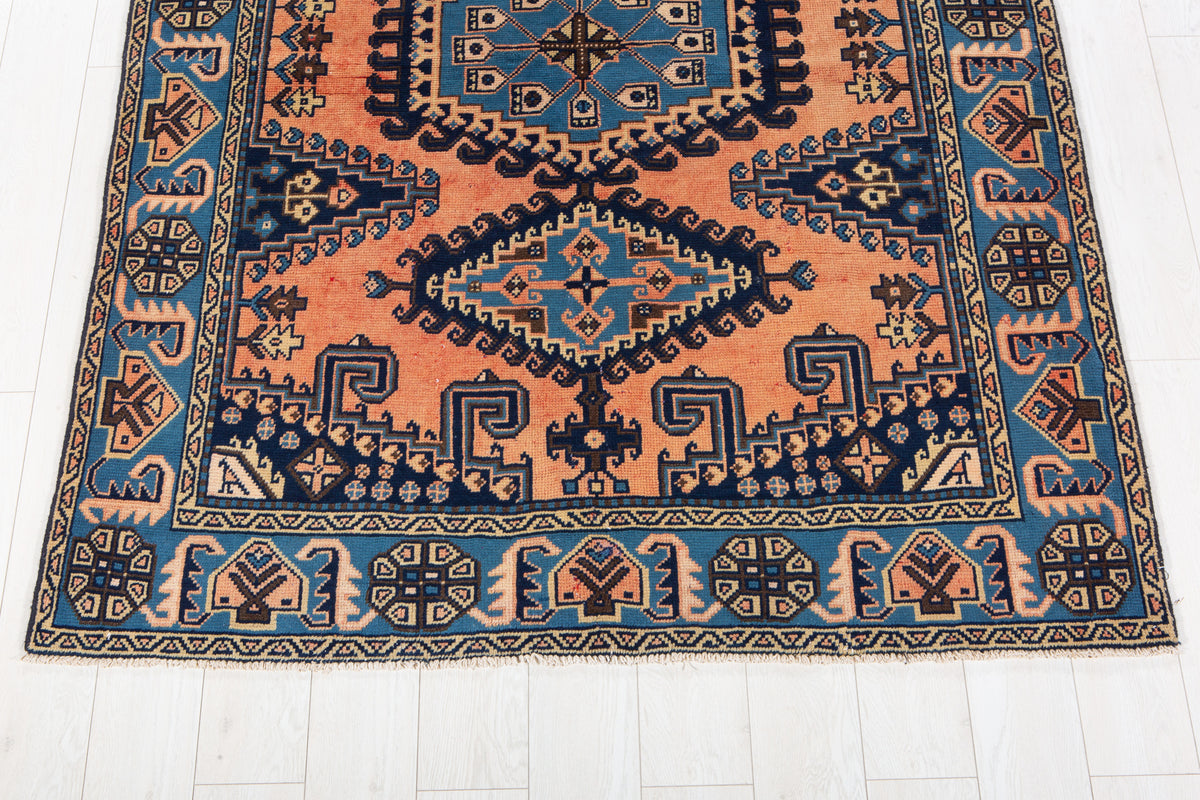 Rare Collectible Vintage Copper Orange & Blue Geometric Medallion Wool Rug – 6' 9" x 5' 1" (206 x 154 cm)