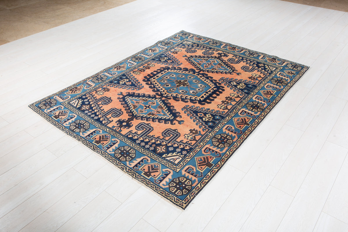 Rare Collectible Vintage Copper Orange & Blue Geometric Medallion Wool Rug – 6' 9" x 5' 1" (206 x 154 cm)
