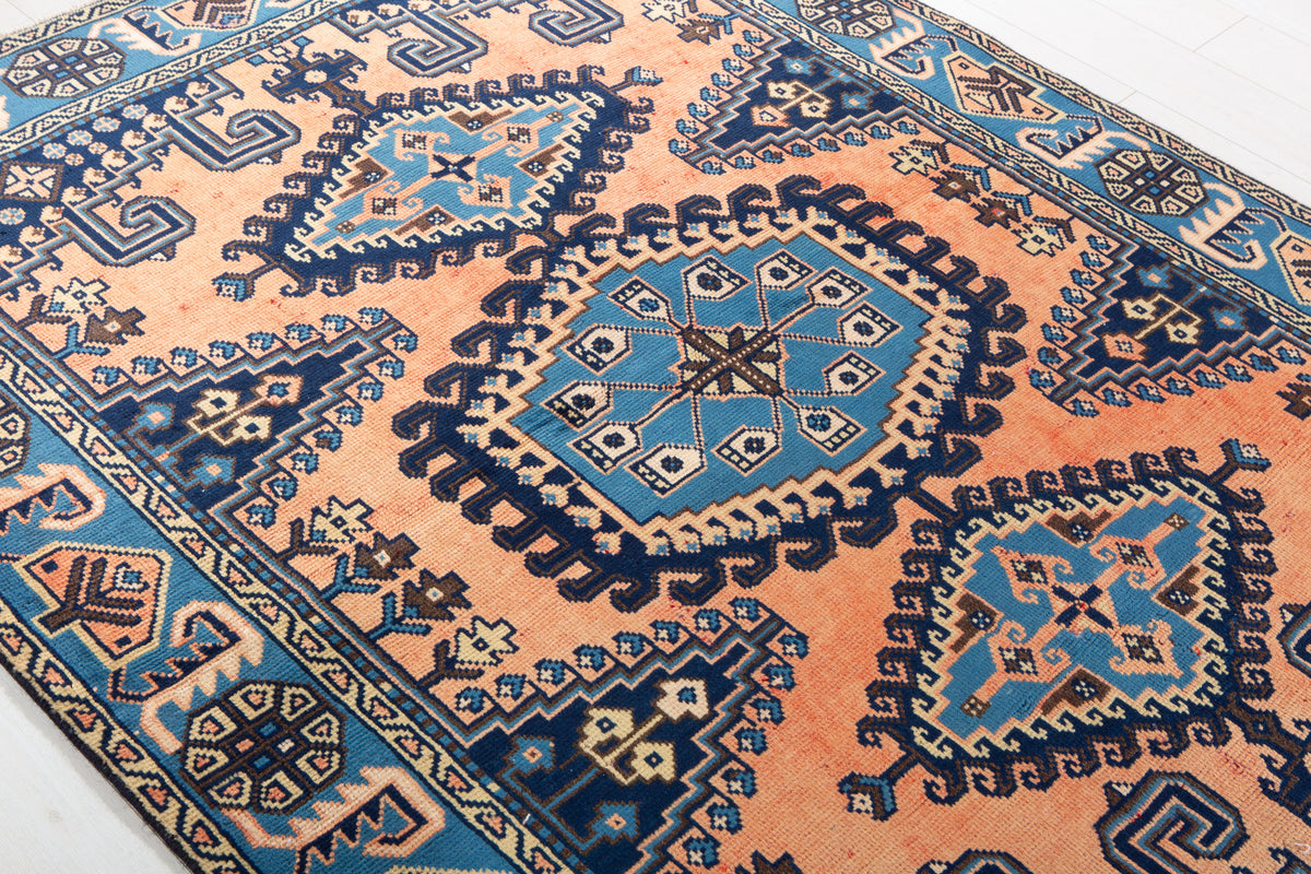 Rare Collectible Vintage Copper Orange & Blue Geometric Medallion Wool Rug – 6' 9" x 5' 1" (206 x 154 cm)