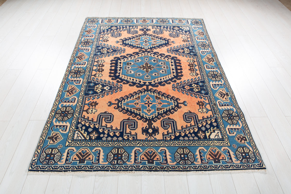 Rare Collectible Vintage Copper Orange & Blue Geometric Medallion Wool Rug – 6' 9" x 5' 1" (206 x 154 cm)