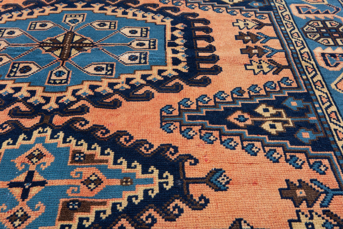 Rare Collectible Vintage Copper Orange & Blue Geometric Medallion Wool Rug – 6' 9" x 5' 1" (206 x 154 cm)