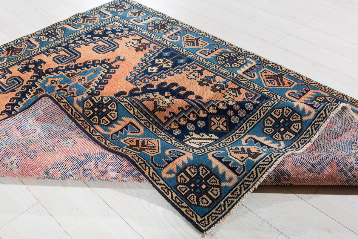 Rare Collectible Vintage Copper Orange & Blue Geometric Medallion Wool Rug – 6' 9" x 5' 1" (206 x 154 cm)