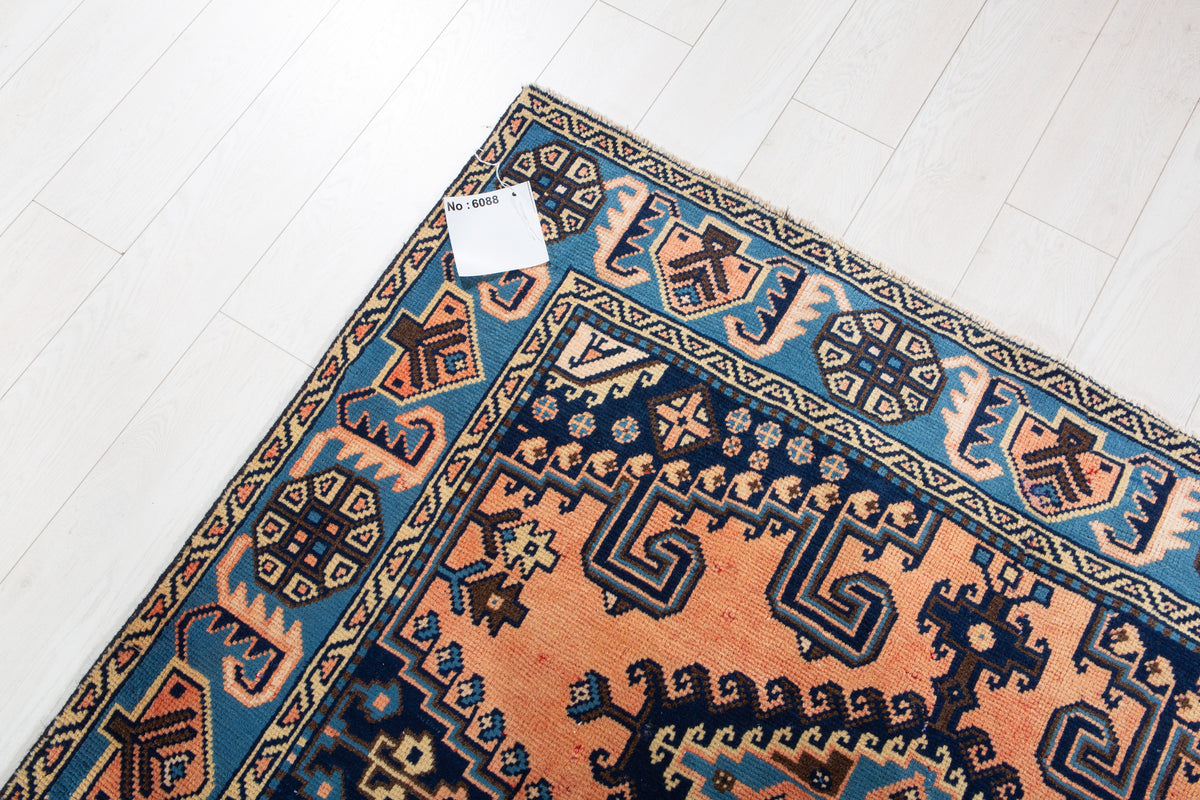 Rare Collectible Vintage Copper Orange & Blue Geometric Medallion Wool Rug – 6' 9" x 5' 1" (206 x 154 cm)
