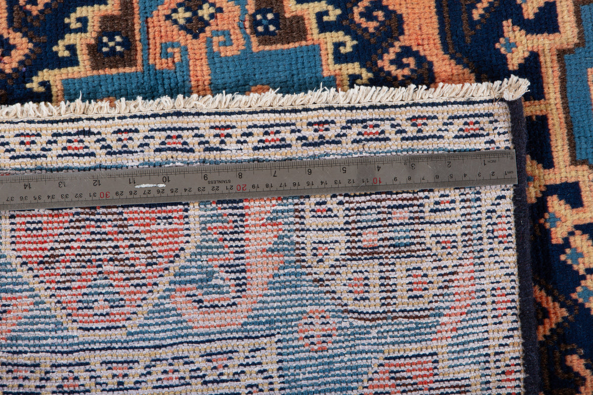 Rare Collectible Vintage Copper Orange & Blue Geometric Medallion Wool Rug – 6' 9" x 5' 1" (206 x 154 cm)