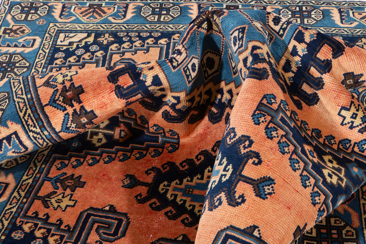 Rare Collectible Vintage Copper Orange & Blue Geometric Medallion Wool Rug – 6' 9" x 5' 1" (206 x 154 cm)