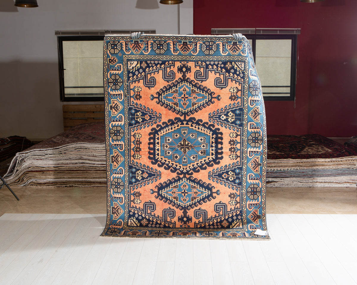 Rare Collectible Vintage Copper Orange & Blue Geometric Medallion Wool Rug – 6' 9" x 5' 1" (206 x 154 cm)