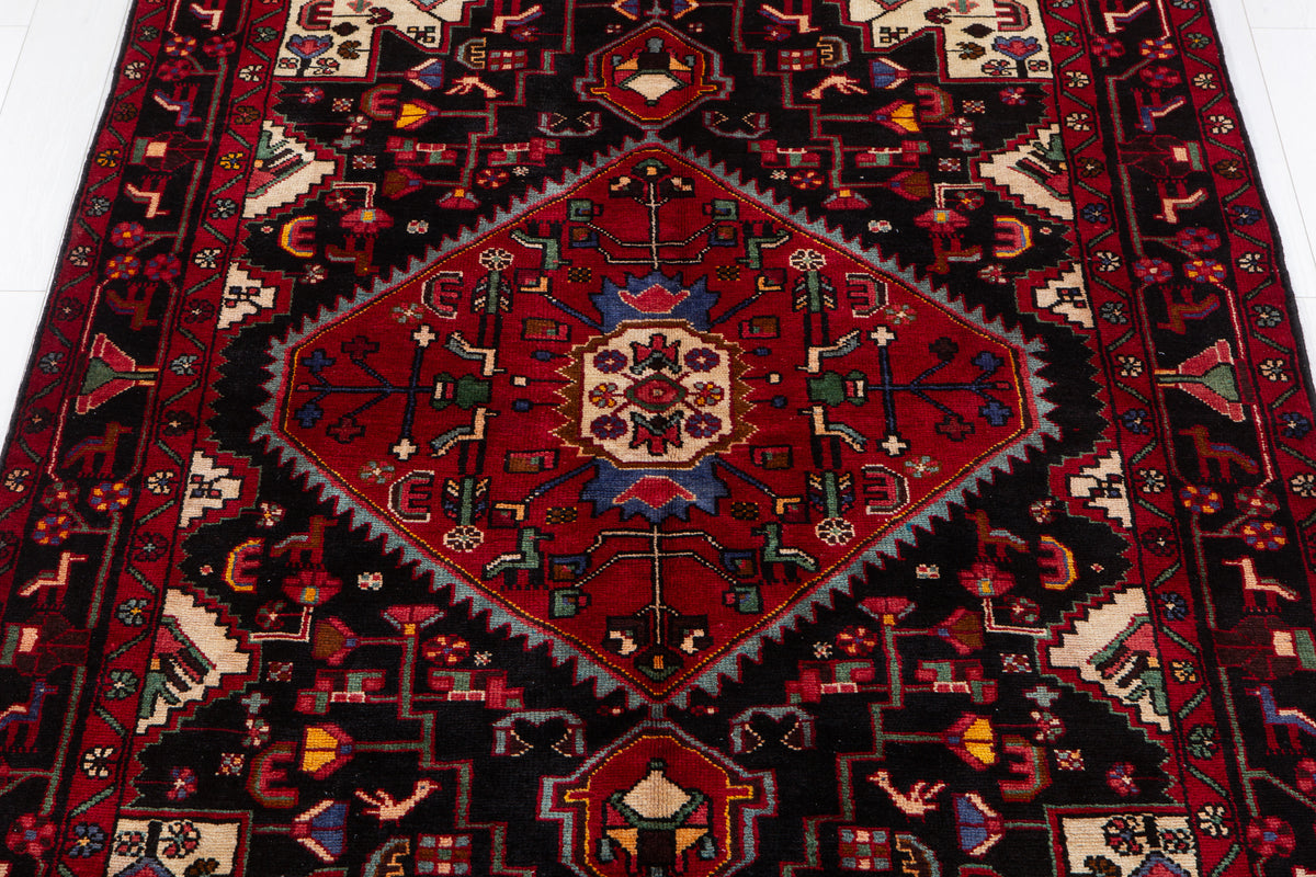 Vintage Deep Navy Blue & Red Geometric Medallion Wool Rug – 9' 7" x 5' 7" (293 x 169 cm)