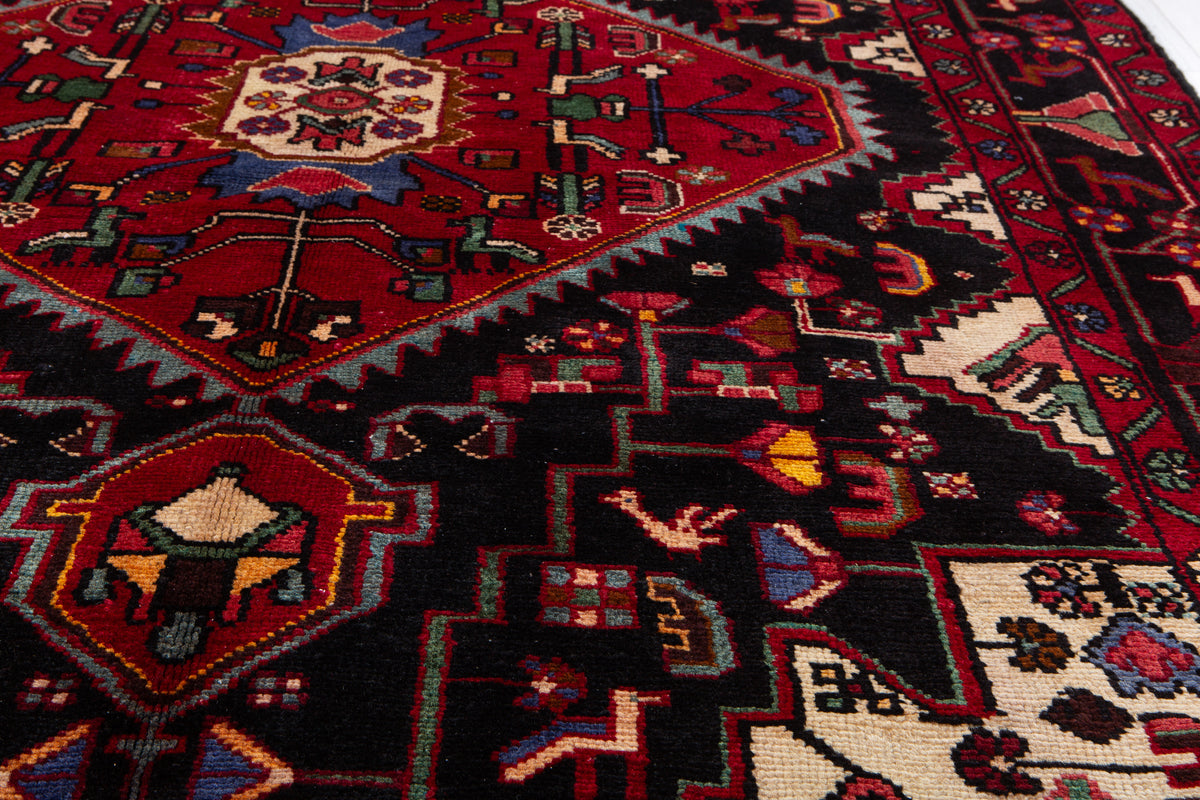 Vintage Deep Navy Blue & Red Geometric Medallion Wool Rug – 9' 7" x 5' 7" (293 x 169 cm)