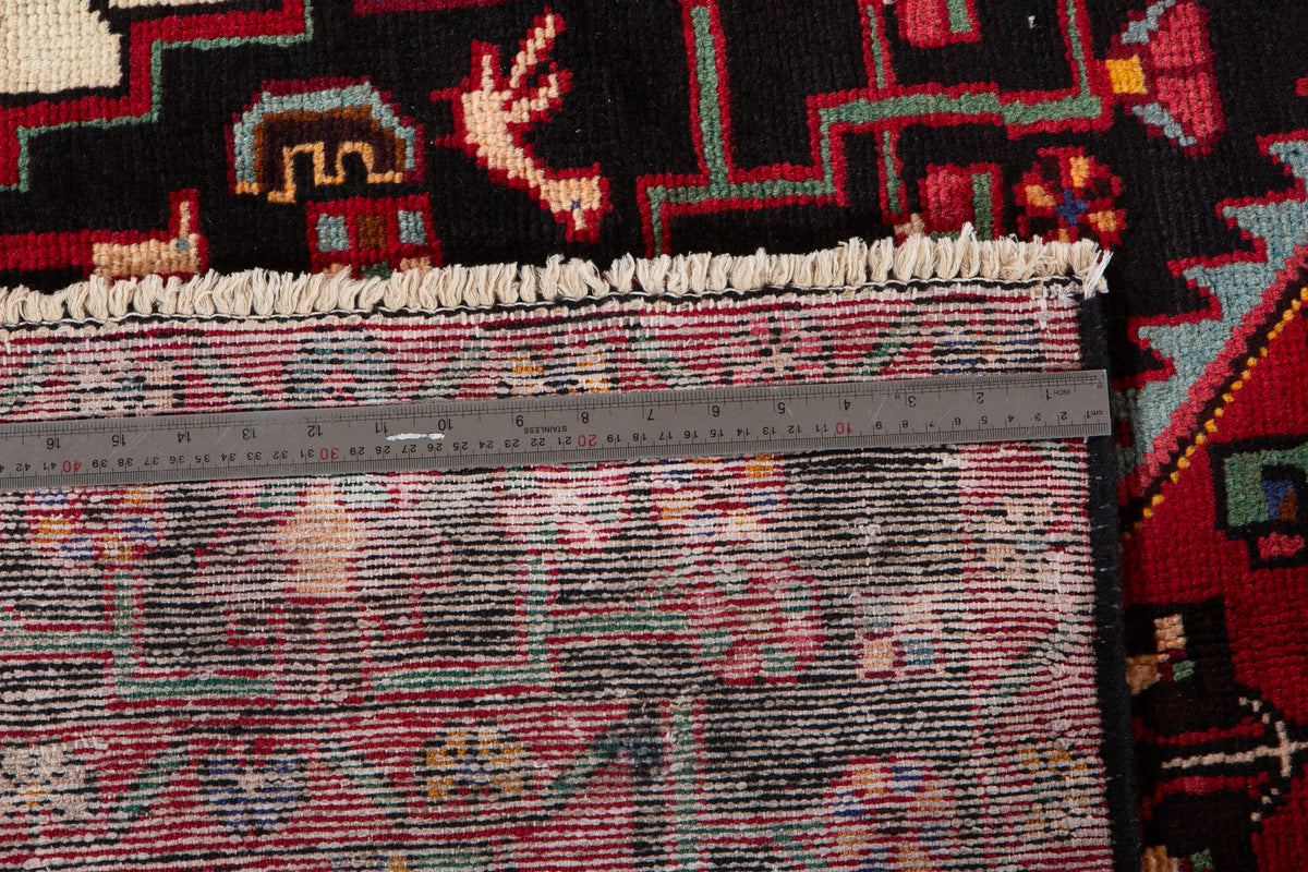 Vintage Deep Navy Blue & Red Geometric Medallion Wool Rug – 9' 7" x 5' 7" (293 x 169 cm)
