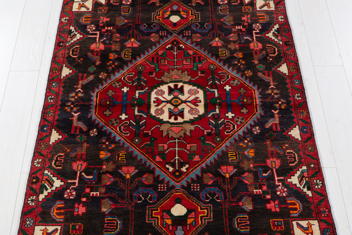 Antique Deep Navy Blue & Black Geometric Medallion Wool Rug – 8' 9" x 3' 11" (266 x 120 cm)