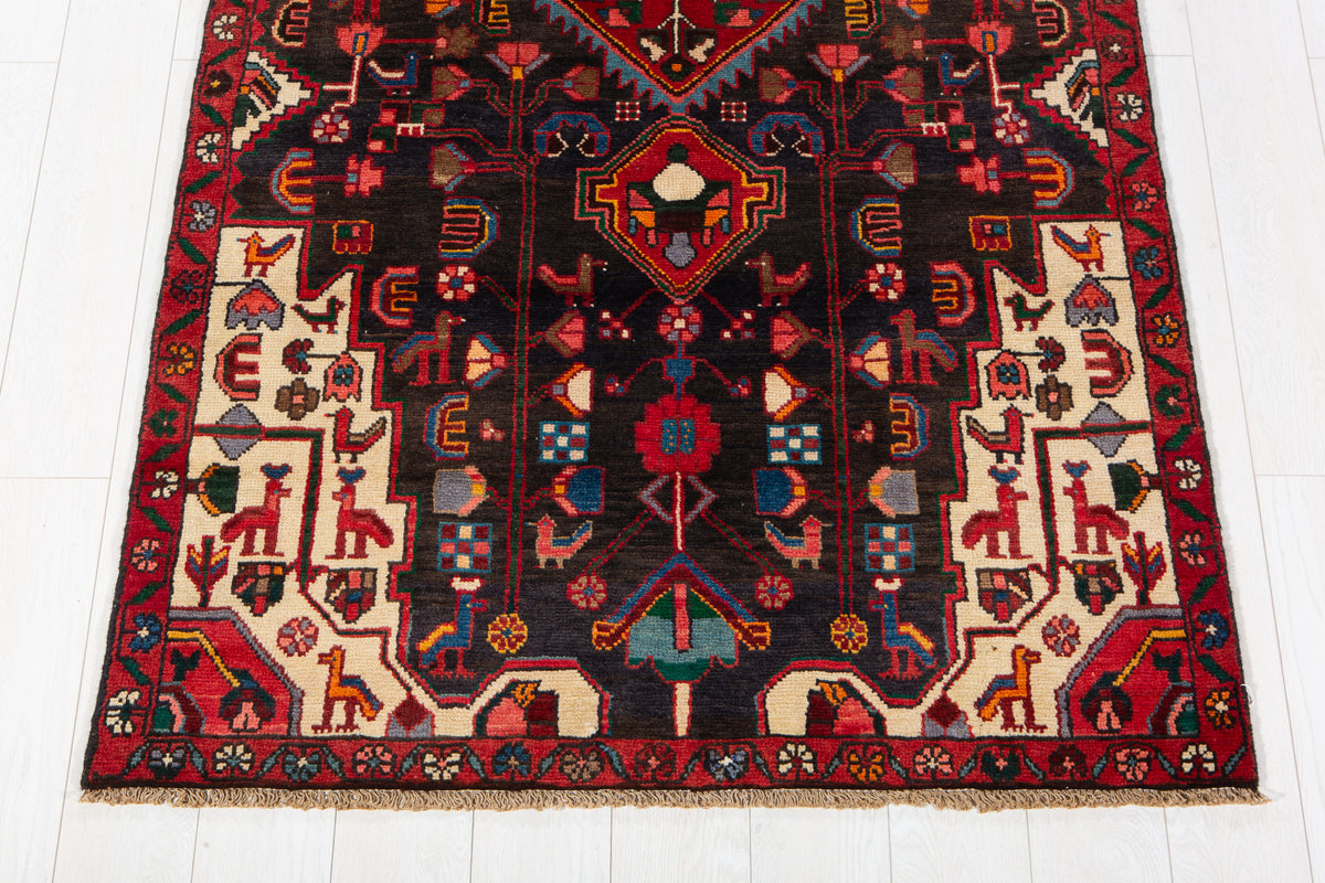 Antique Deep Navy Blue & Black Geometric Medallion Wool Rug – 8' 9" x 3' 11" (266 x 120 cm)