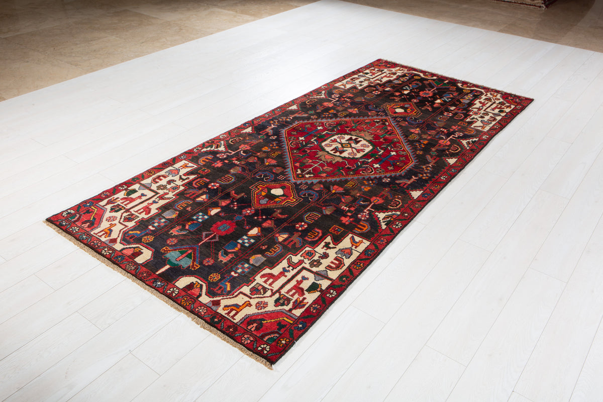 Antique Deep Navy Blue & Black Geometric Medallion Wool Rug – 8' 9" x 3' 11" (266 x 120 cm)