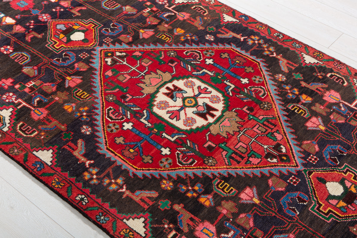 Antique Deep Navy Blue & Black Geometric Medallion Wool Rug – 8' 9" x 3' 11" (266 x 120 cm)