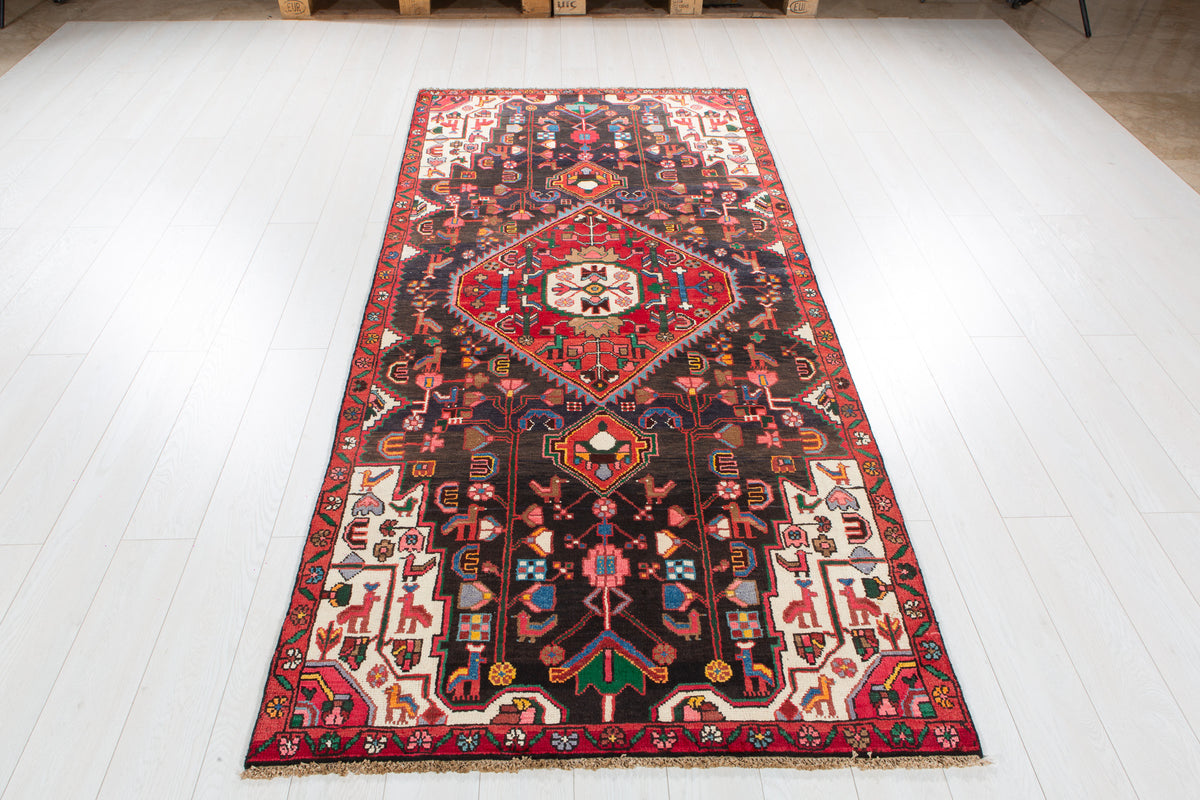 Antique Deep Navy Blue & Black Geometric Medallion Wool Rug – 8' 9" x 3' 11" (266 x 120 cm)