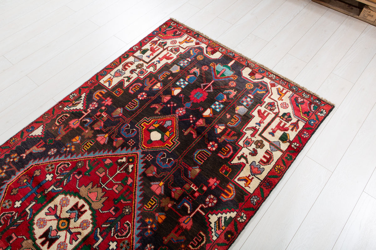 Antique Deep Navy Blue & Black Geometric Medallion Wool Rug – 8' 9" x 3' 11" (266 x 120 cm)
