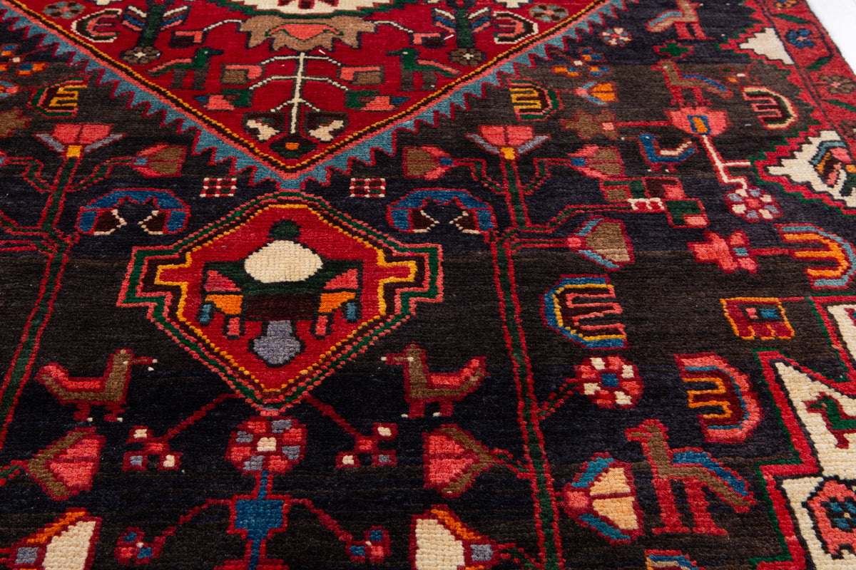Antique Deep Navy Blue & Black Geometric Medallion Wool Rug – 8' 9" x 3' 11" (266 x 120 cm)