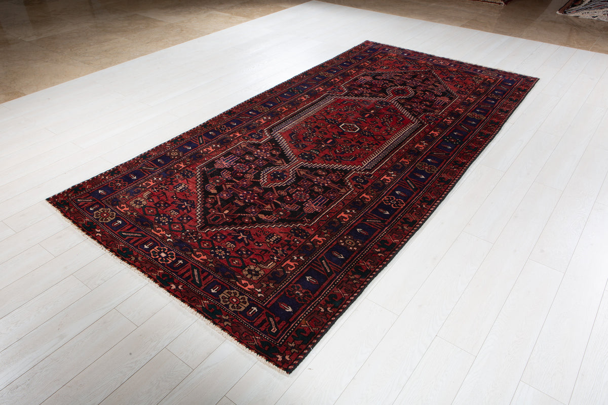 Vintage Black & Red Geometric Allover Wool Rug – 10' 2" x 5' 1" (311 x 155 cm)