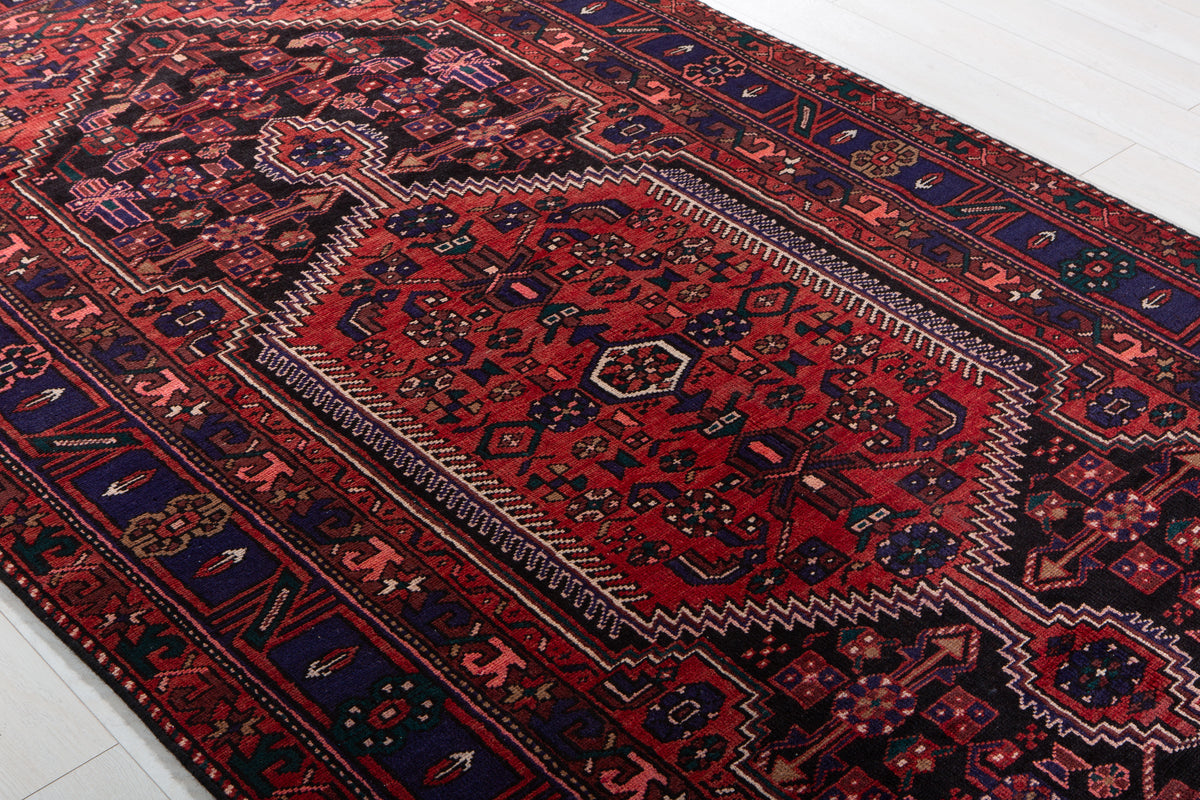 Vintage Black & Red Geometric Allover Wool Rug – 10' 2" x 5' 1" (311 x 155 cm)