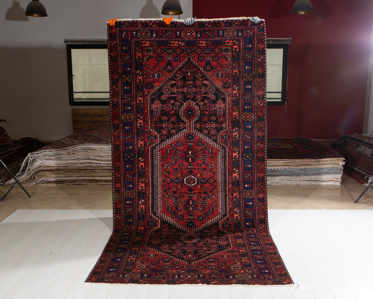 Vintage Black & Red Geometric Allover Wool Rug – 10' 2" x 5' 1" (311 x 155 cm)
