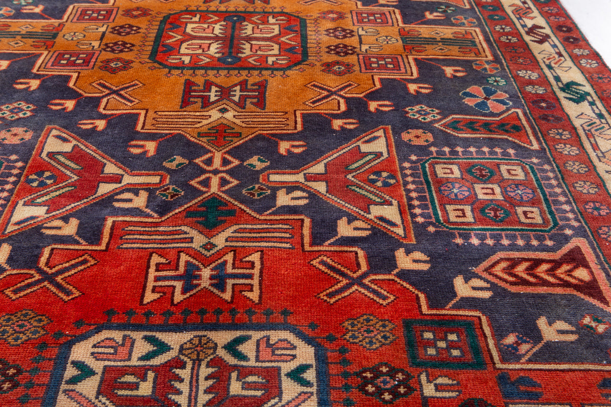 Vintage Navy Blue & Red Geometric Medallion Wool Rug – 9' 3" x 4' 4" (282 x 131 cm)