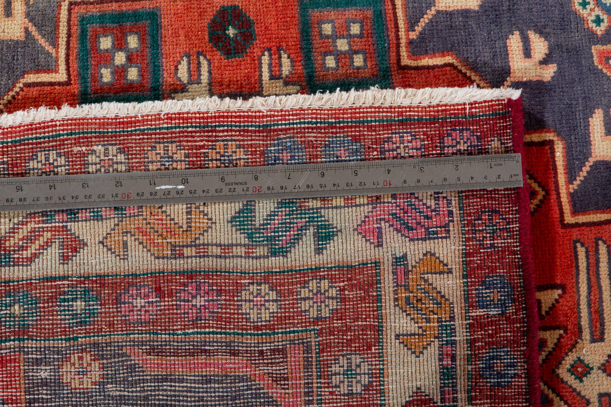 Vintage Navy Blue & Red Geometric Medallion Wool Rug – 9' 3" x 4' 4" (282 x 131 cm)
