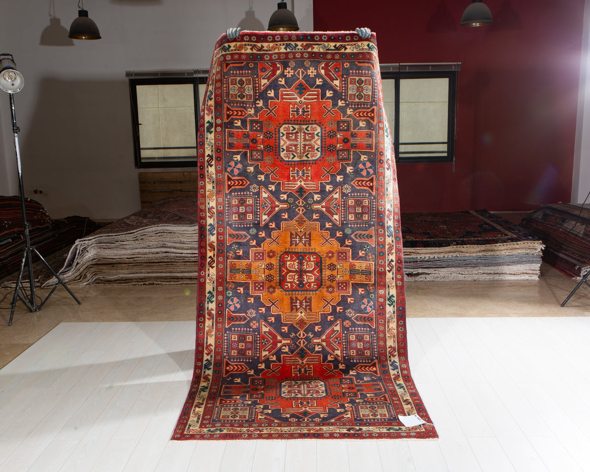Vintage Navy Blue & Red Geometric Medallion Wool Rug – 9' 3" x 4' 4" (282 x 131 cm)