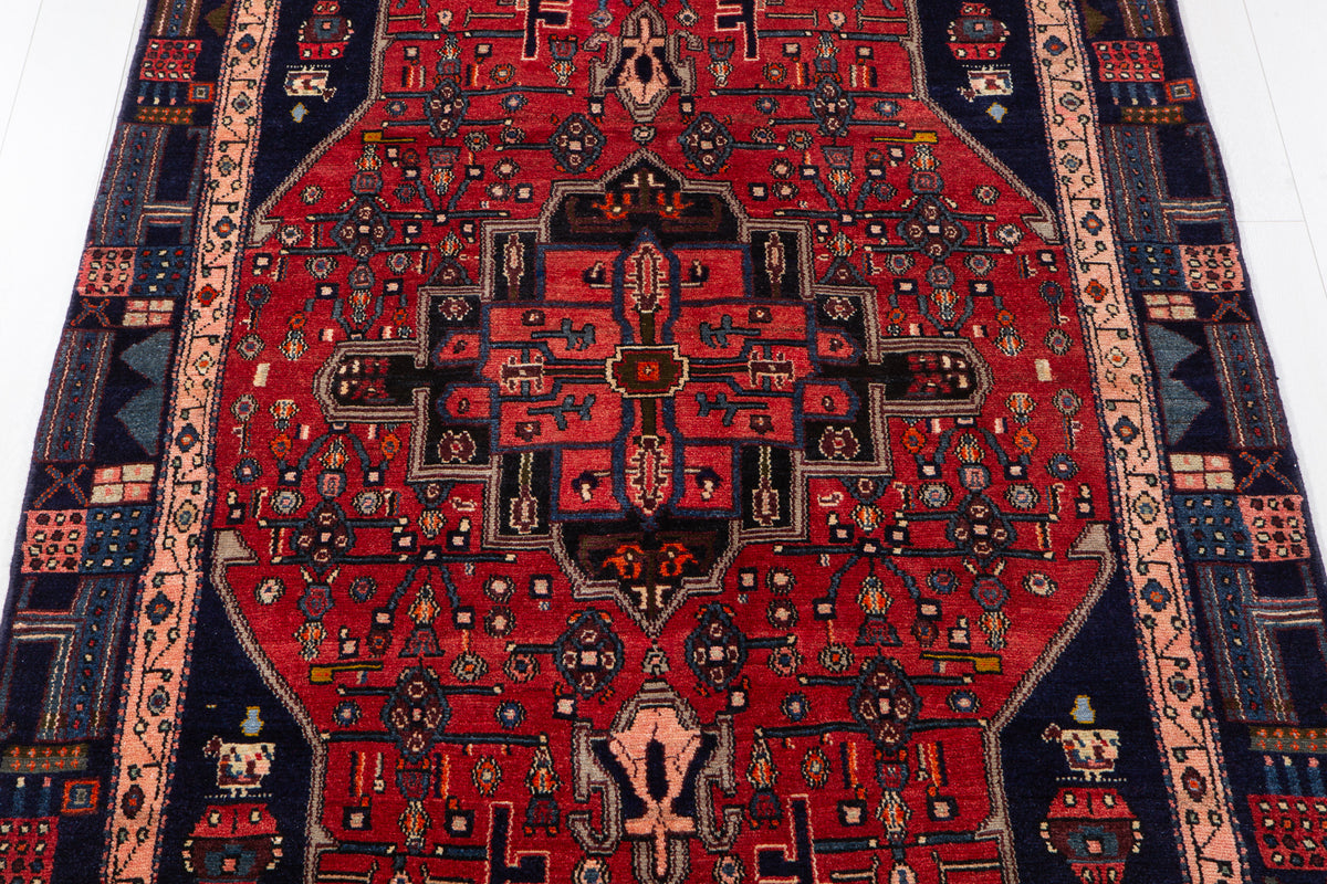 Rare Collectible Vintage Red & Navy Blue Geometric Medallion Wool Rug – 9' 0" x 4' 11" (274 x 151 cm)